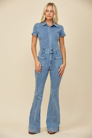 Washed Denim Flared Jumpsuit - Boutique Bella BellaJumpsuit