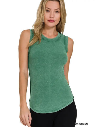 Washed Ribbed Scoop Neck Tank Dark Green - Boutique Bella BellaTank Top