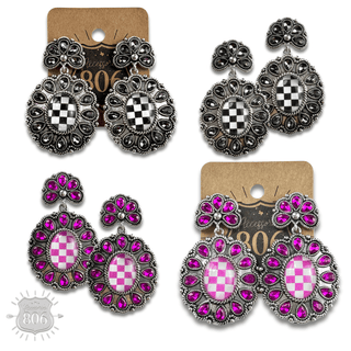 Western oval rhinestone earring with checkerboard inlay - Boutique Bella BellaEarrings