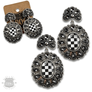 Western oval rhinestone earring with checkerboard inlay - Boutique Bella BellaEarrings