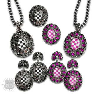 Western oval rhinestone earring with checkerboard inlay - Boutique Bella BellaEarrings