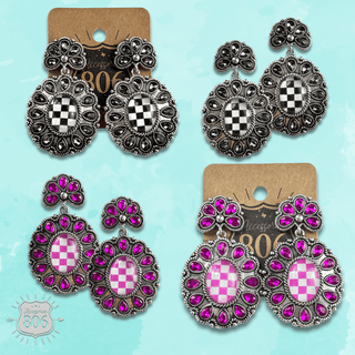 Western oval rhinestone earring with checkerboard inlay - Boutique Bella BellaEarrings