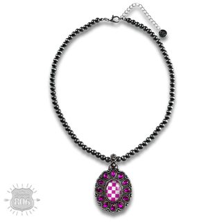 Western oval rhinestone pendant on burnished silver bead necklace - Boutique Bella BellaNecklaces