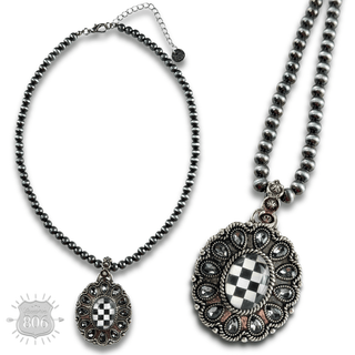 Western oval rhinestone pendant on burnished silver bead necklace - Boutique Bella BellaNecklaces