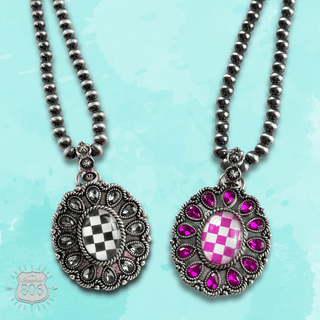 Western oval rhinestone pendant on burnished silver bead necklace - Boutique Bella BellaNecklaces