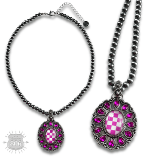 Western oval rhinestone pendant on burnished silver bead necklace - Boutique Bella BellaNecklaces