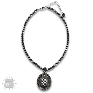 Western oval rhinestone pendant on burnished silver bead necklace - Boutique Bella BellaNecklaces
