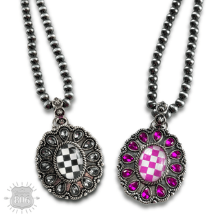 Western oval rhinestone pendant on burnished silver bead necklace - Boutique Bella BellaNecklaces