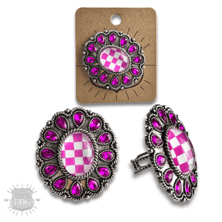 Western oval rhinestone ring with checkerboard inlay - Boutique Bella BellaRings
