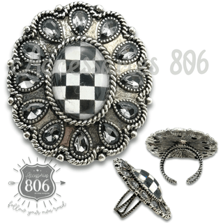 Western oval rhinestone ring with checkerboard inlay - Boutique Bella BellaRings