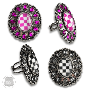 Western oval rhinestone ring with checkerboard inlay - Boutique Bella BellaRings