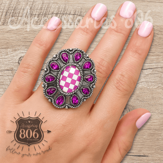 Western oval rhinestone ring with checkerboard inlay - Boutique Bella BellaRings