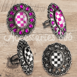 Western oval rhinestone ring with checkerboard inlay - Boutique Bella BellaRings