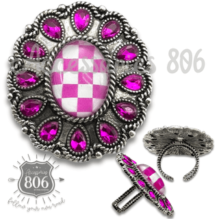 Western oval rhinestone ring with checkerboard inlay - Boutique Bella BellaRings