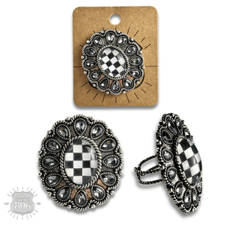 Western oval rhinestone ring with checkerboard inlay - Boutique Bella BellaRings