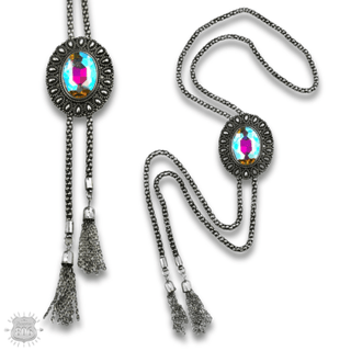Western silver bolo necklace with oval stone slide - Boutique Bella BellaNecklaces