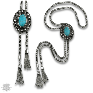 Western silver bolo necklace with oval stone slide - Boutique Bella BellaNecklaces