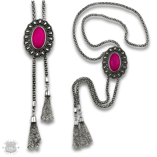 Western silver bolo necklace with oval stone slide - Boutique Bella BellaNecklaces