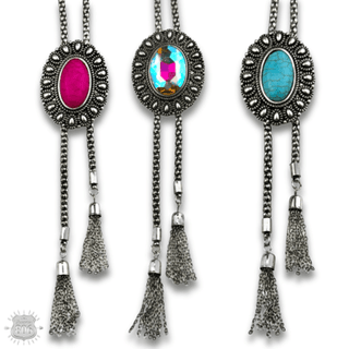 Western silver bolo necklace with oval stone slide - Boutique Bella BellaNecklaces