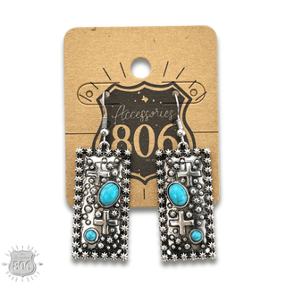 Western style rectangle earring with turquoise features - Boutique Bella BellaEarrings