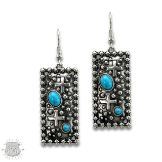 Western style rectangle earring with turquoise features - Boutique Bella BellaEarrings