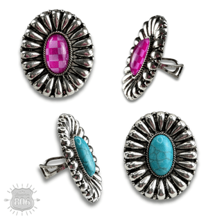Western sunburst oval ring with center inlay - Boutique Bella BellaRings