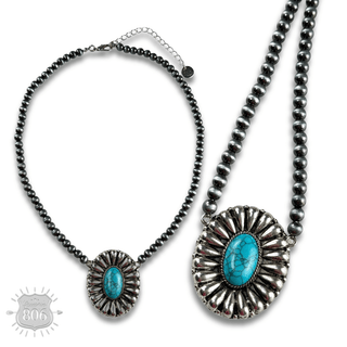 Western sunburst pendant on burnished silver bead necklace - Boutique Bella BellaNecklaces