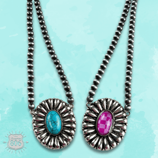 Western sunburst pendant on burnished silver bead necklace - Boutique Bella BellaNecklaces