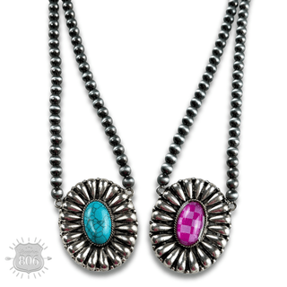 Western sunburst pendant on burnished silver bead necklace - Boutique Bella BellaNecklaces