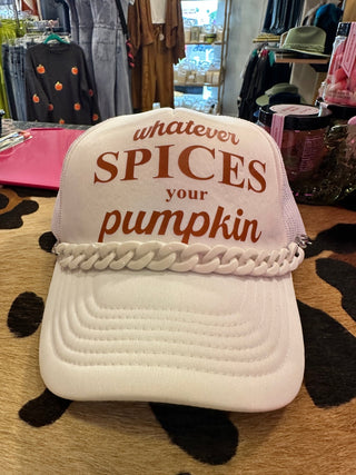 Whatever Spices Your Pumpkin White Trucker Hat - Boutique Bella Bella