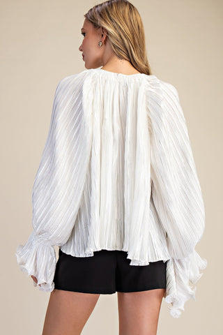 Whimsey Ruffled Pleated Blouse - White - Boutique Bella Bellablouse