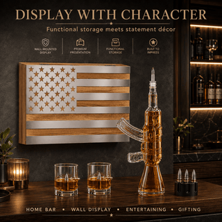 Whiskey Decanter Flag Set 1000ML Ak47 Rifle Gun Glasses Chillers Set In Box Hanging Storage American - Boutique Bella Bella