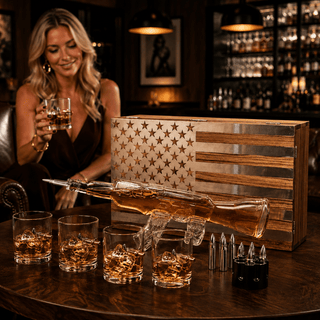 Whiskey Decanter Flag Set 1000ML Ak47 Rifle Gun Glasses Chillers Set In Box Hanging Storage American - Boutique Bella Bella