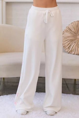 White And Pink Bow Fleece Pants - Boutique Bella BellaBottoms