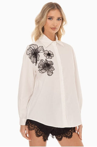 White Button - Up with Statement Floral Detail - Boutique Bella BellaBLOUSE