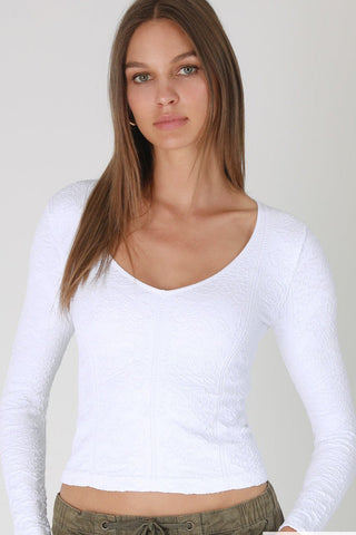 White Lace Textured V - Neck Top - Boutique Bella Bellalong sleeve top