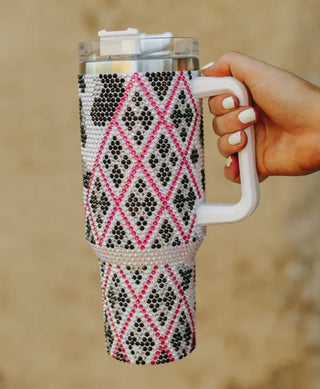 White Leopard Pink Aztec Rhinestone 40 oz. Tumbler - Boutique Bella BellaTumbler