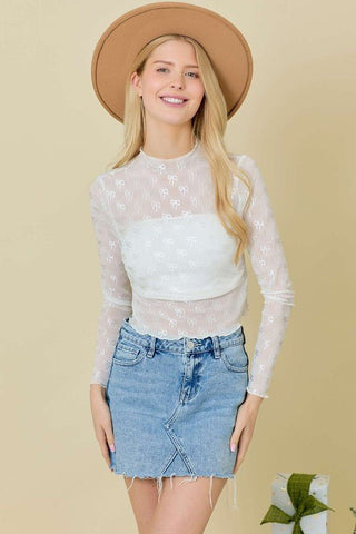 White Mesh Bow Print Top - Boutique Bella BellaMesh Top