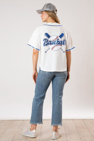 White Terry Sequin Baseball Top - Boutique Bella Bellashirt