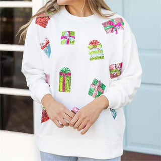 White with Sequin Presents Sweatshirt - Boutique Bella BellaChristmas Sweatshirt