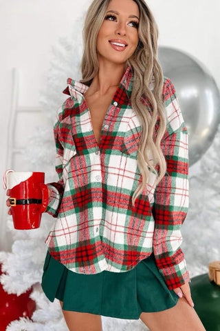 White/Red/Green Plaid Button Up Shacket - Boutique Bella BellaOuterwear