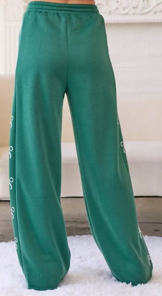 Wide Leg Fleece Pant W/ Printed Ribbon Bow Side Detail - Boutique Bella BellaSweatpants