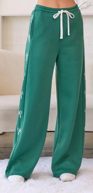 Wide Leg Fleece Pant W/ Printed Ribbon Bow Side Detail - Boutique Bella BellaSweatpants