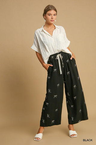 Wide Leg Linen Black Bow Pant - Boutique Bella BellaPants