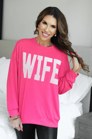 Wife Embroidered Ribbed Pullover - Boutique Bella BellaPullover