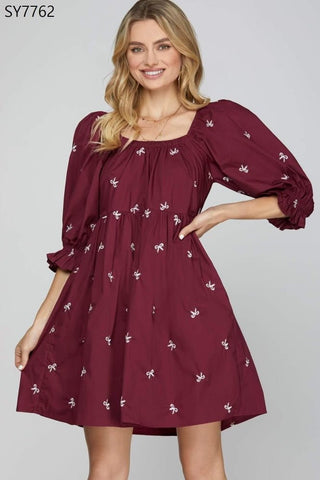 Wine Embroidered Bows Dress - Boutique Bella BellaDress