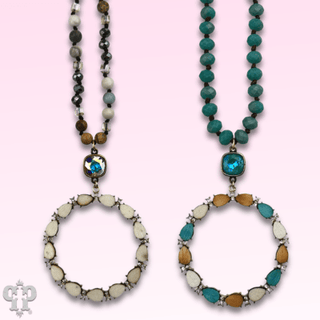 Wood teardrop and rhinestone circle pendant necklace - Boutique Bella BellaNecklaces