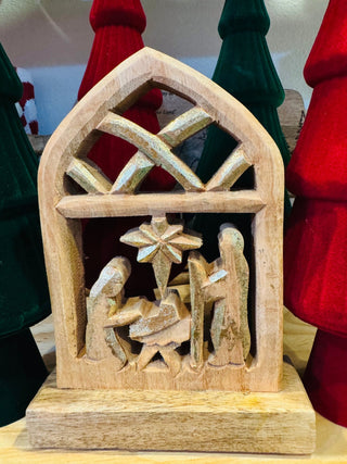 Wooden Nativity Scene W/Gold Accent - Boutique Bella BellaManger