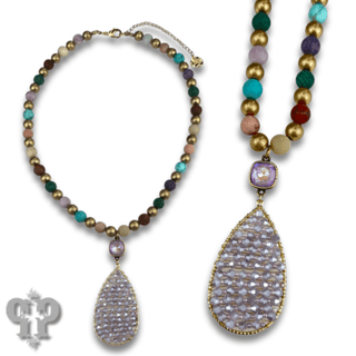 Woven bead pendant on stone bead necklace with Austrian crystal - Boutique Bella BellaNecklaces