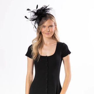 Woven Mesh Fascinator With Tonal Feather Details And Netted Veil - Black - Boutique Bella BellaQuirky Hat